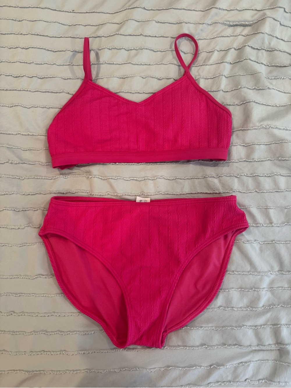 Girl’s Bright Pink Ribbed Bikini Set - Scoop Bralette & High-Rise Briefs
